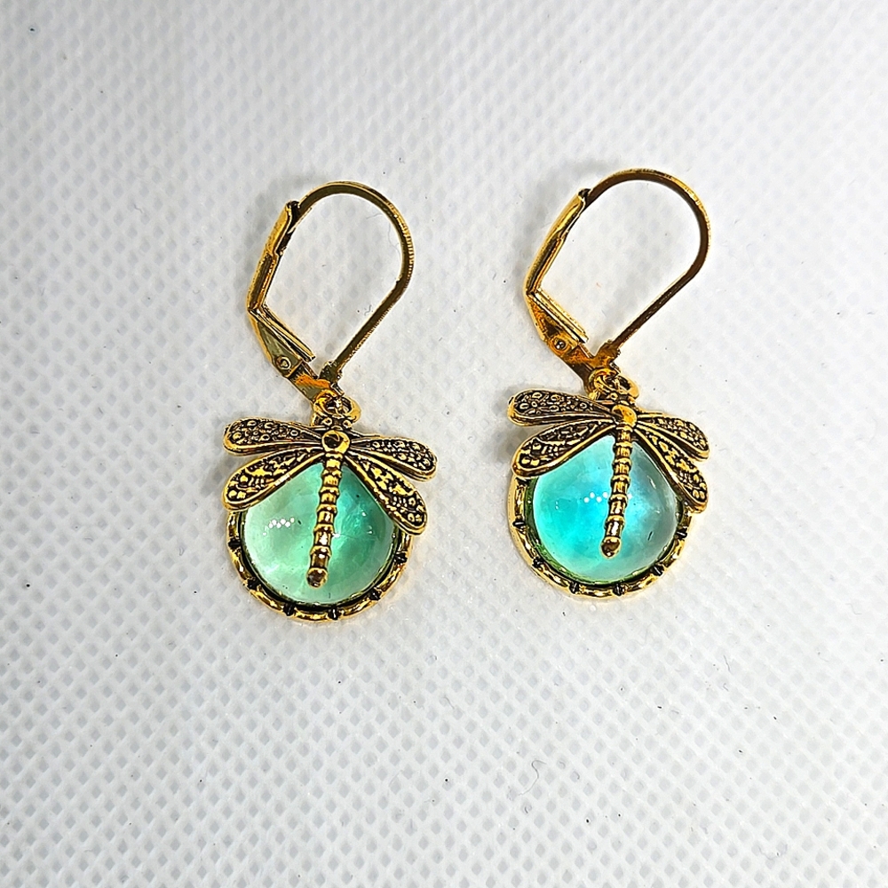 Golden Dragonfly Earrings with Turquoise Coloured Half Orb NEW